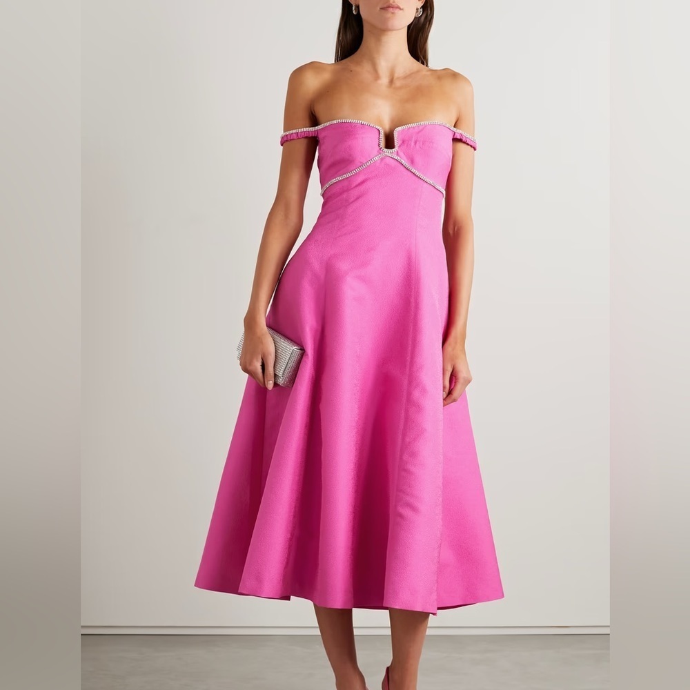 Self-Portrait Crystal-trimmed A-line Jacquard Off the Shoulder Midi Dress